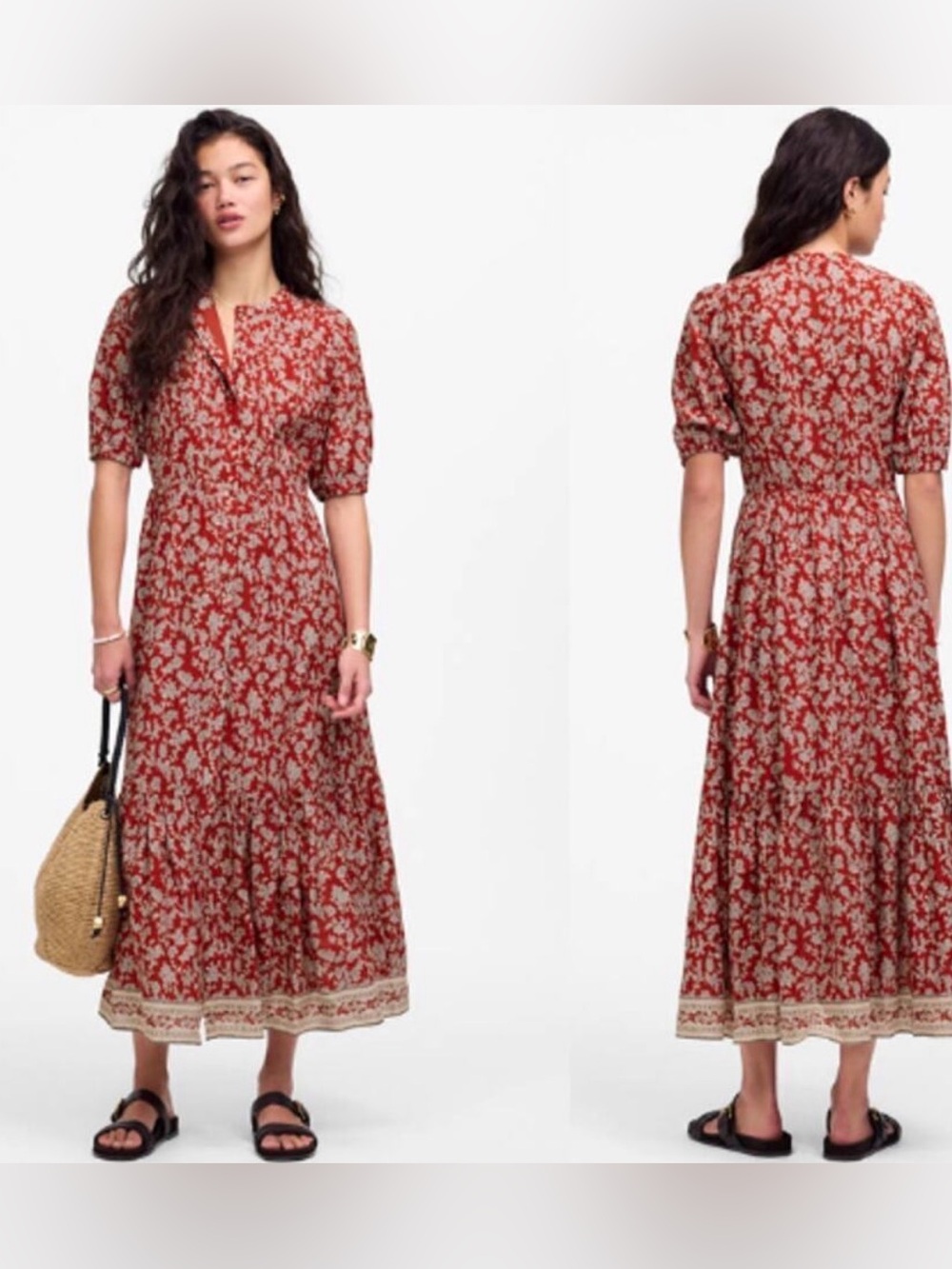 Madewell Red Floral Maxi Dress with Puff Sleeves
